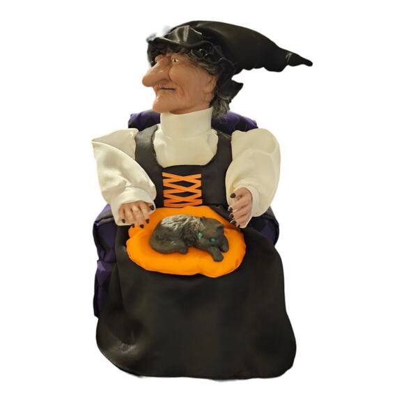 Vintage Gemmy Animated Halloween Witch in Chair Petting Cat Lights & Sou… - Picture 1 of 12